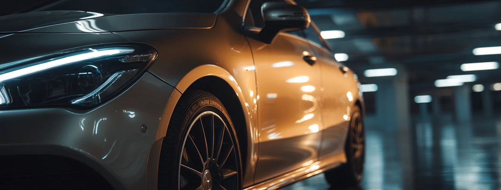 Close up shot of a sleek goldsilver car parked