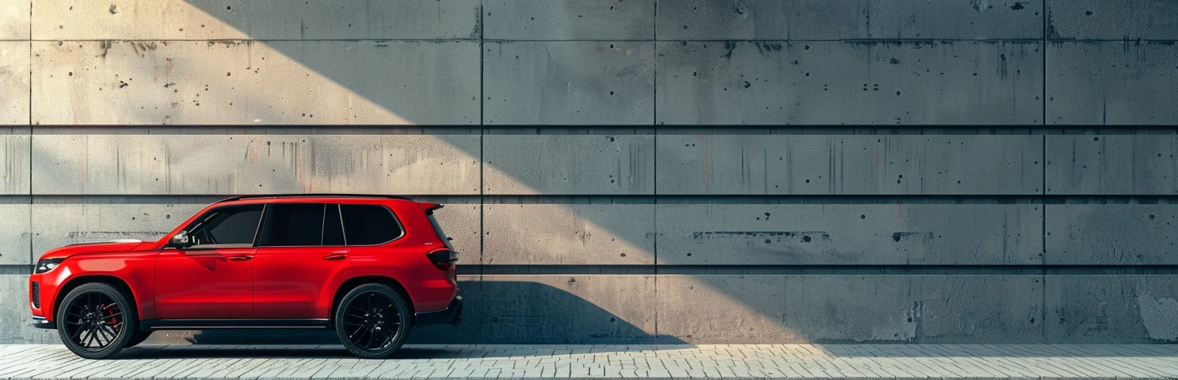 A sleek red 44 parked beside a modern car